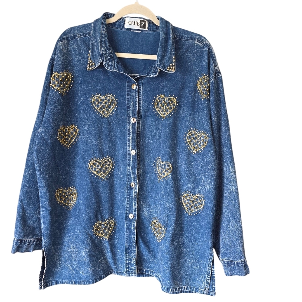 Vintage Club Z Denim Jean Shirt‎ Jacket Embellished Gold Hearts Beaded Oversized